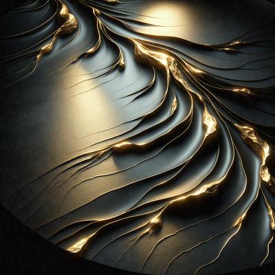 The primary subject of the image is a large, circular piece of artwork featuring a pattern of gold and black. The setting is a dark room, and the visual style appears to be a combination of digital art and illustration. The dominant colors in the artwork are gold and black, creating a striking contrast and a sense of depth. The overall atmosphere of the piece is intriguing and captivating, drawing the viewer's attention to the unique design and craftsmanship.